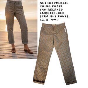 NWT ANTHROPOLGIE TAN KHAKI EMBROIDERED RELAXED STRAIGHT PANTS SIZE 8